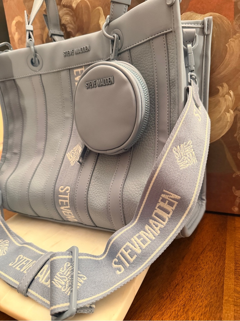 Steve Madden Bwebber Cornflower Blue Convertible Tote & Crossbody w/Guitar Strap - Picture 6 of 13
